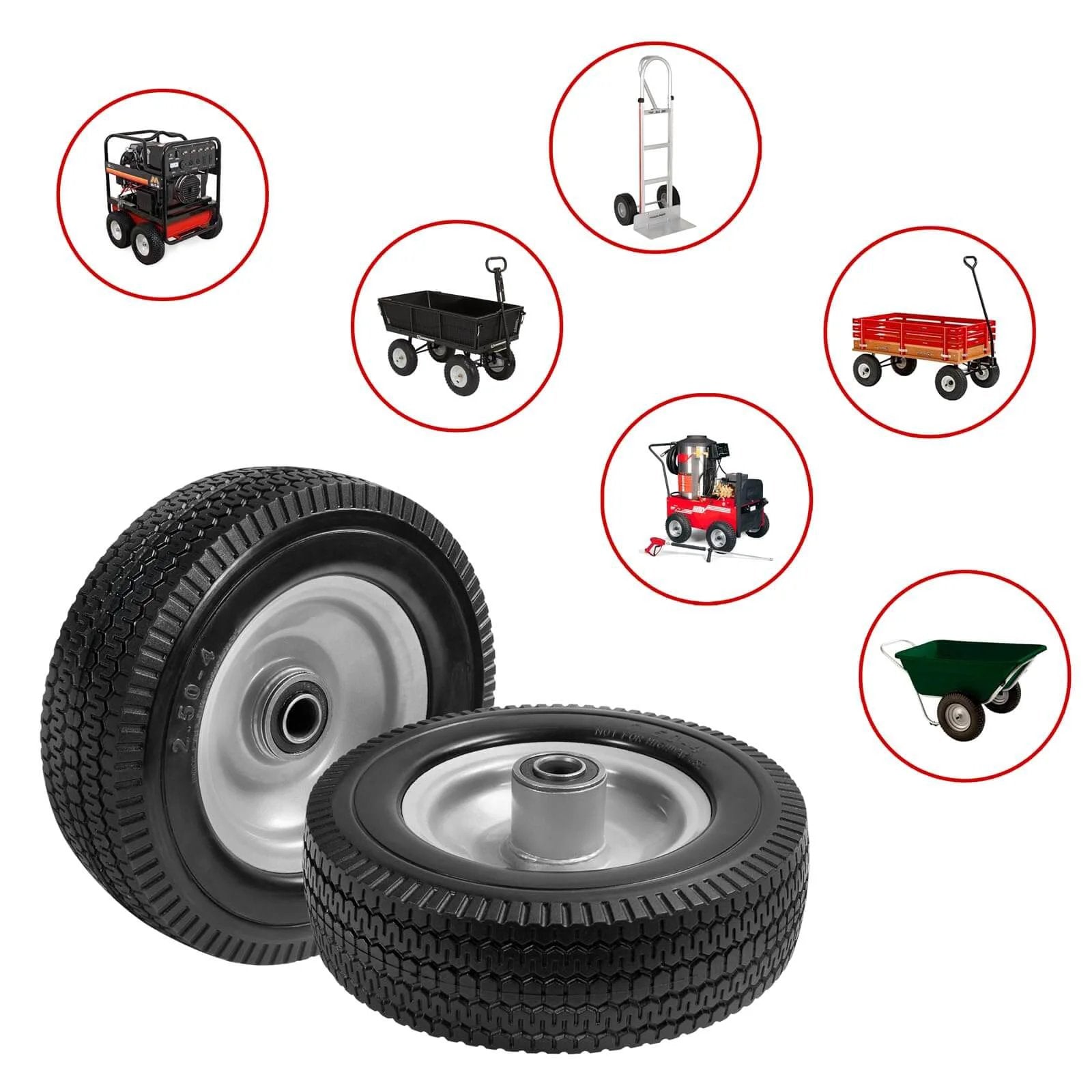 8-inch solid tire replacement - 2.50-4" flat free tire for carts, tractors, and wagons, featuring 5/8" bearings, 2.25" hub offset, 2 pack