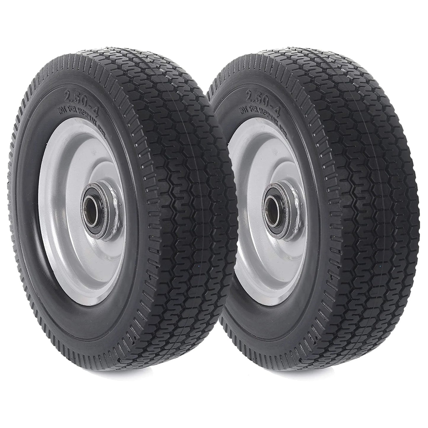 8 Inch Solid Wheel Replacement 2 Pack with 2.50-4 Flat Free Tire and Wheel, Offset Hub, 5/8 and 3/4 Inch Bearings
