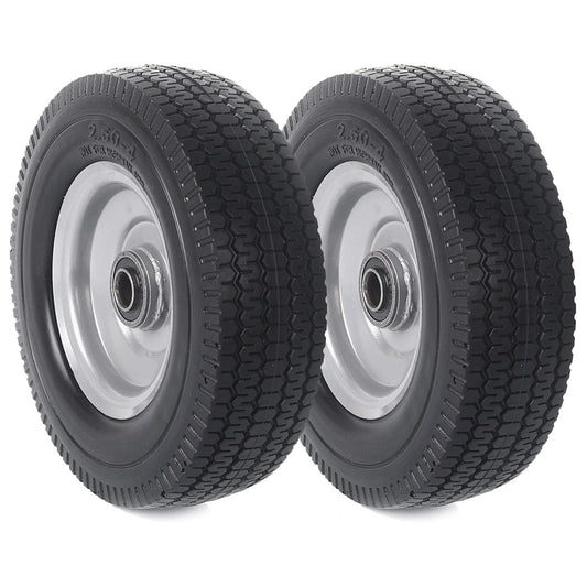 8 Inch Solid Wheel Replacement 2 Pack with 2.50-4 Flat Free Tire and Wheel, Offset Hub, 5/8 and 3/4 Inch Bearings