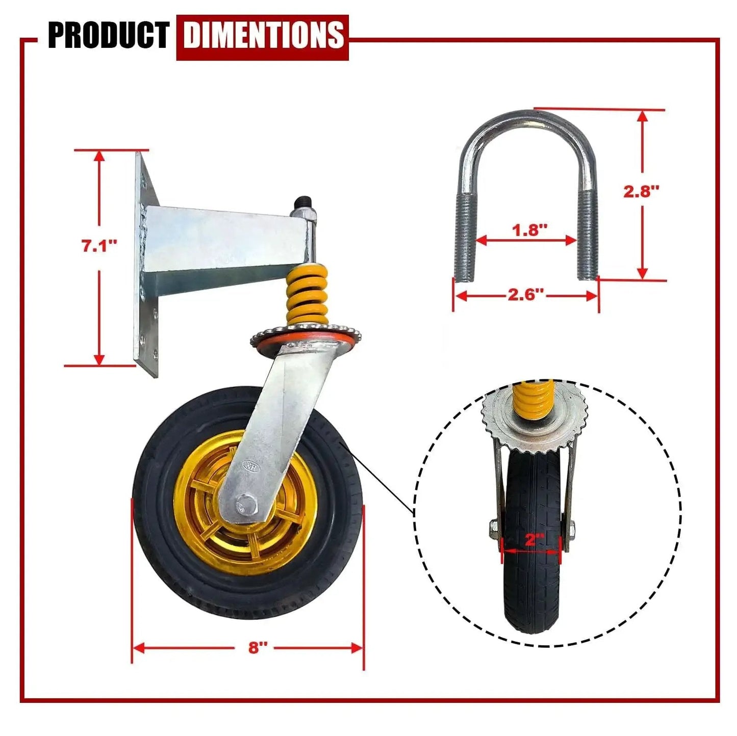 8 Inch Gate Caster Wheels for Metal Swing Gates and Wooden Fences, 360 Degree Swivel, Spring Loaded, with measurements visible.