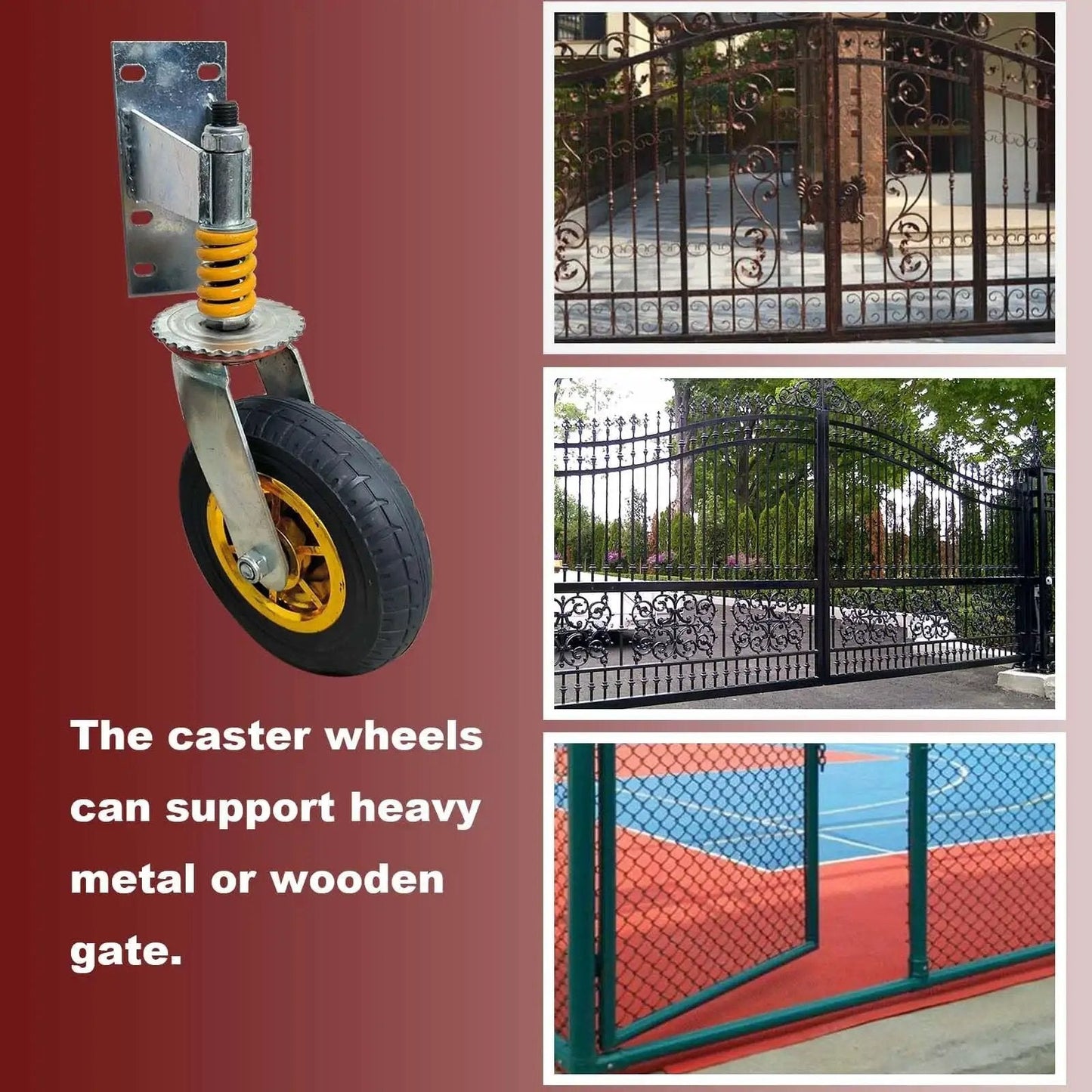 8 Inch Gate Caster Wheels for Metal Swing Gates and Wooden Fences, 360 Degree Swivel, Spring Loaded, Heavy Duty 600 Lbs Capacity