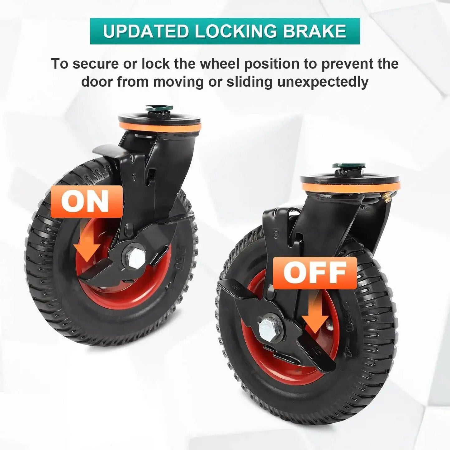 8 Inch Gate Wheel With Brake And 360 Degree Swivel Spring Loaded, locking brake mechanism showing on and off positions.