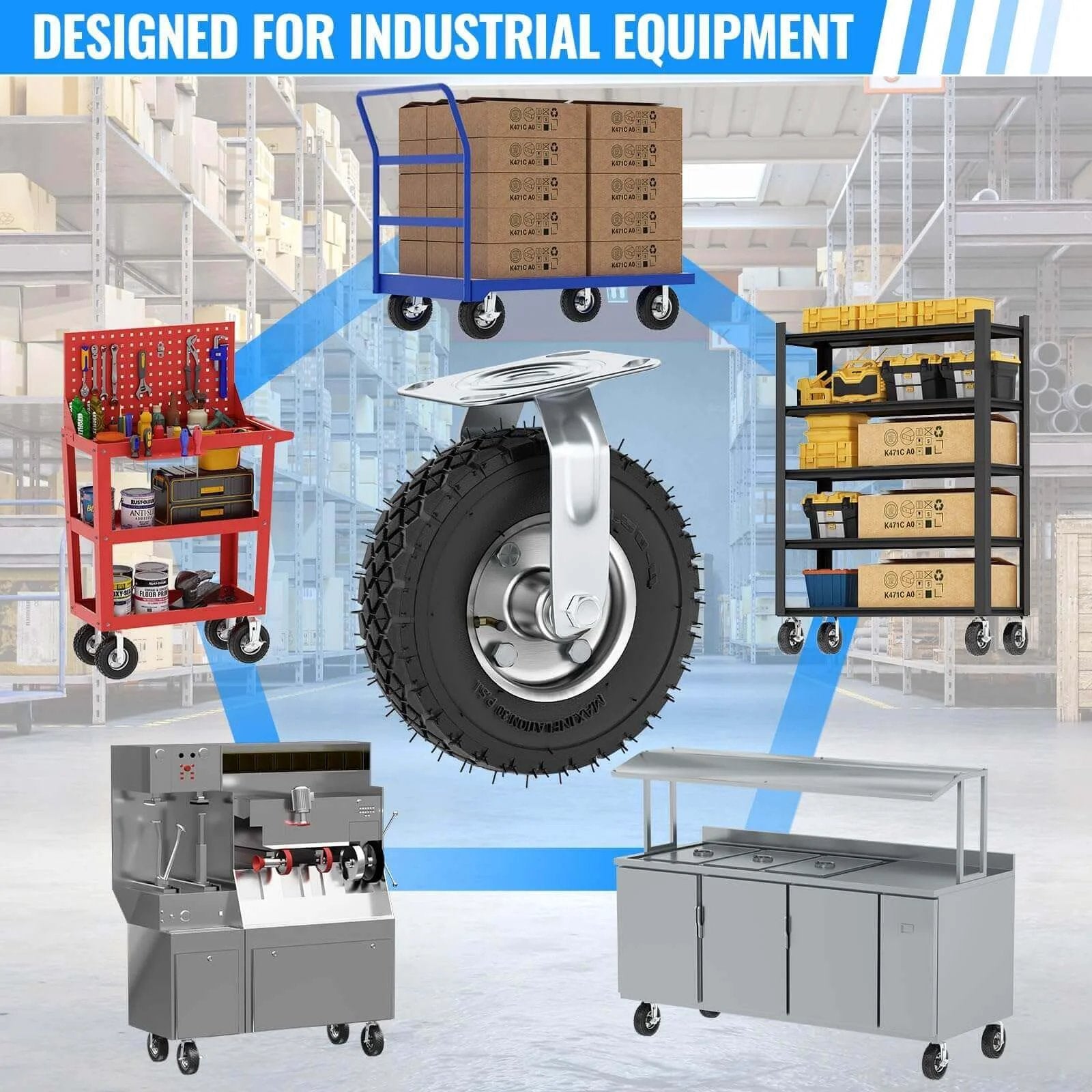 8 inch heavy duty caster wheels with brakes set of 4, locking swivel plate for industrial equipment use.