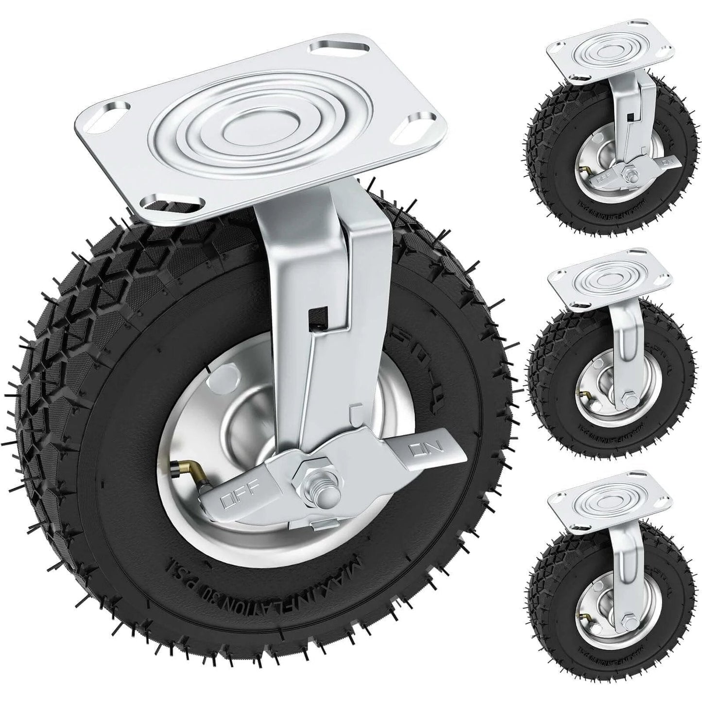 8 inch heavy duty caster wheels with brakes set of 4, locking swivel plate industrial casters rated up to 880 lbs close-up view