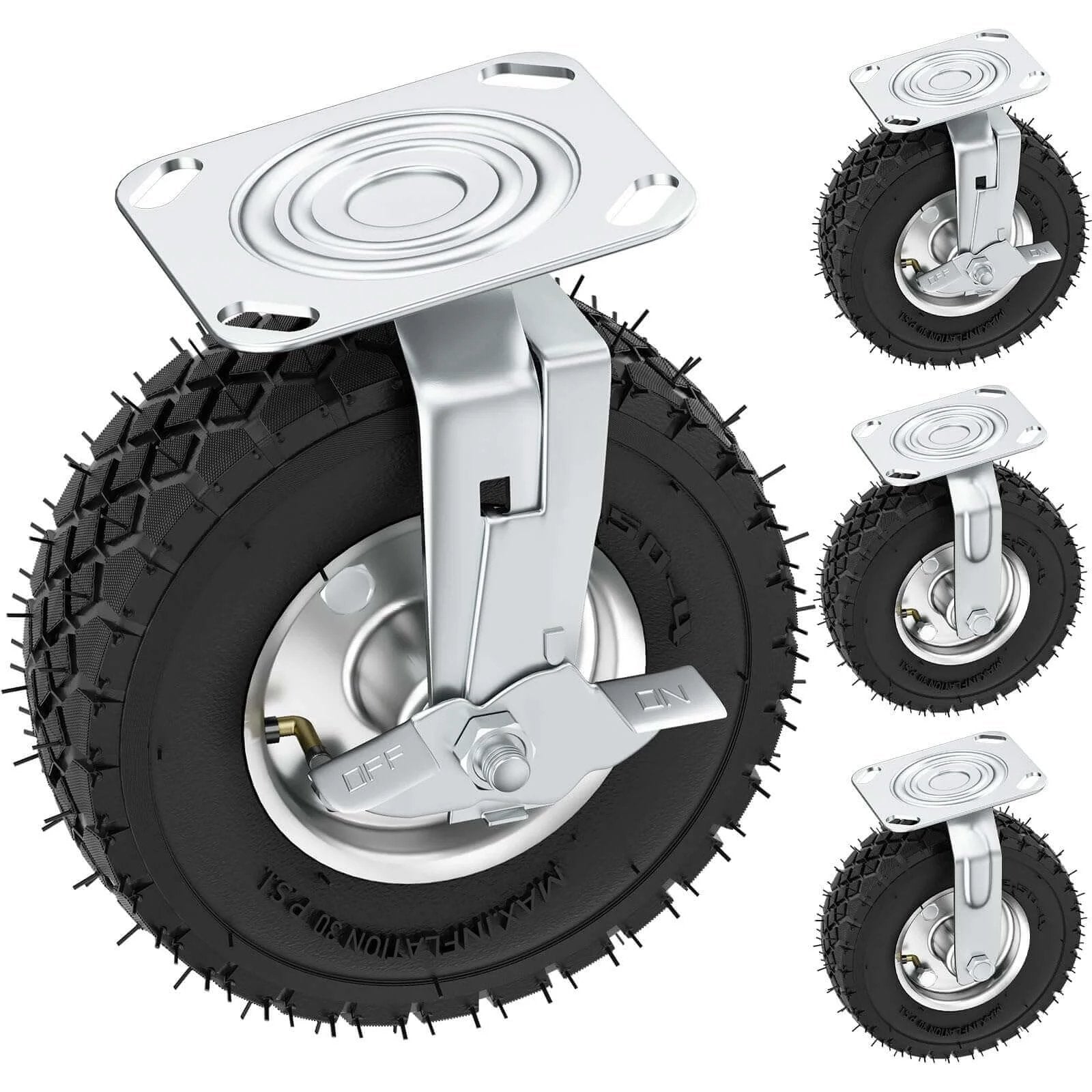 8 inch heavy duty caster wheels with brakes set of 4, locking swivel plate industrial casters rated up to 880 lbs close-up view