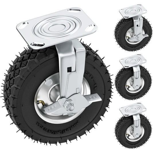 8 inch heavy duty caster wheels with brakes set of 4, locking swivel plate industrial casters rated up to 880 lbs close-up view