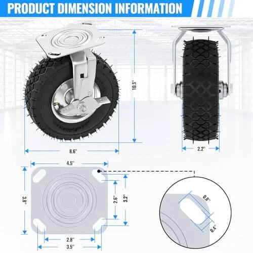 8 inch heavy duty caster wheels with brakes set of 4, locking swivel plate dimensions, 10.5 inch height, 2.2 inch tread.
