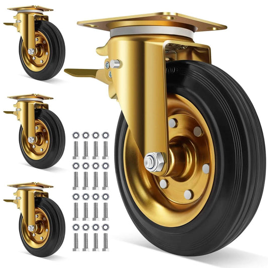 Close-up of 8 inch heavy duty plate casters set of 4 with dual locking brakes and industrial rubber wheels rated 3200 lbs.