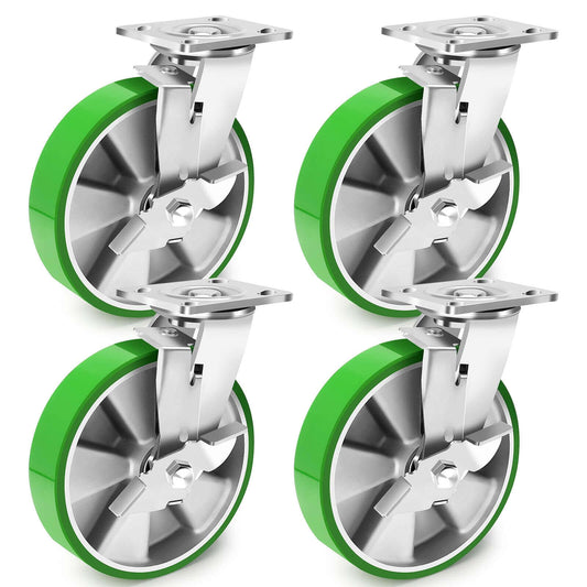 8 inch Heavy Duty industrial grade caster set of 4 with swivel casters and brakes, maintenance-free aluminum core PU wheels rated 6000 LBS for industrial equipment