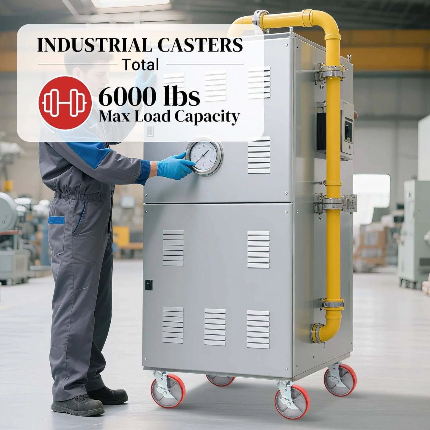 8 inch heavy duty industrial locking casters set of 4 with polyurethane swivel plate design on a heavy equipment cart.