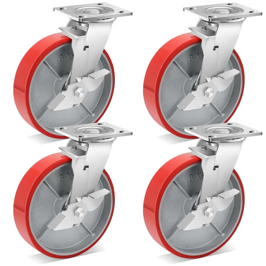 8 inch heavy duty industrial locking casters set of 4 with polyurethane swivel plate design, red wheels and brakes.