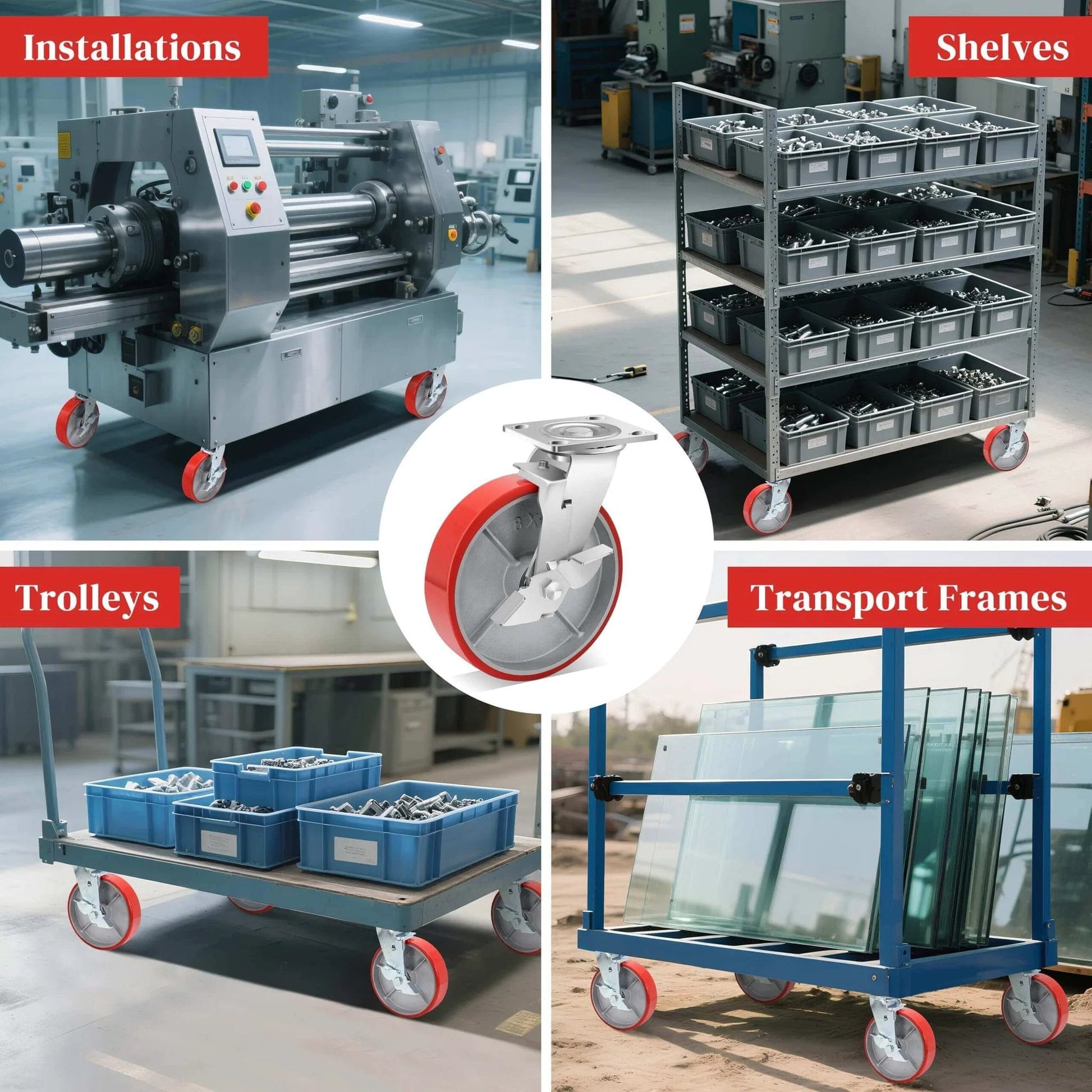 8 inch heavy duty industrial locking casters set of 4 with polyurethane swivel plate design, casters with brakes rated 6000 lbs mounted on various equipment.