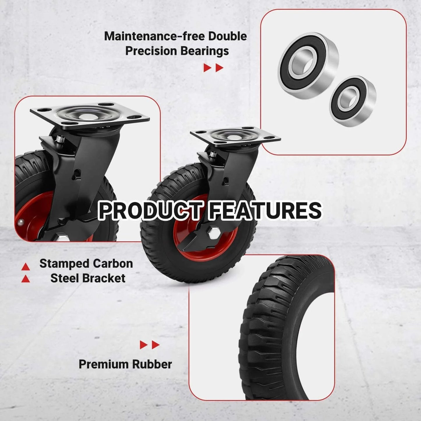 8 inch outdoor heavy duty rubber caster wheels designed for rough terrain, industrial swivel casters with brake for features