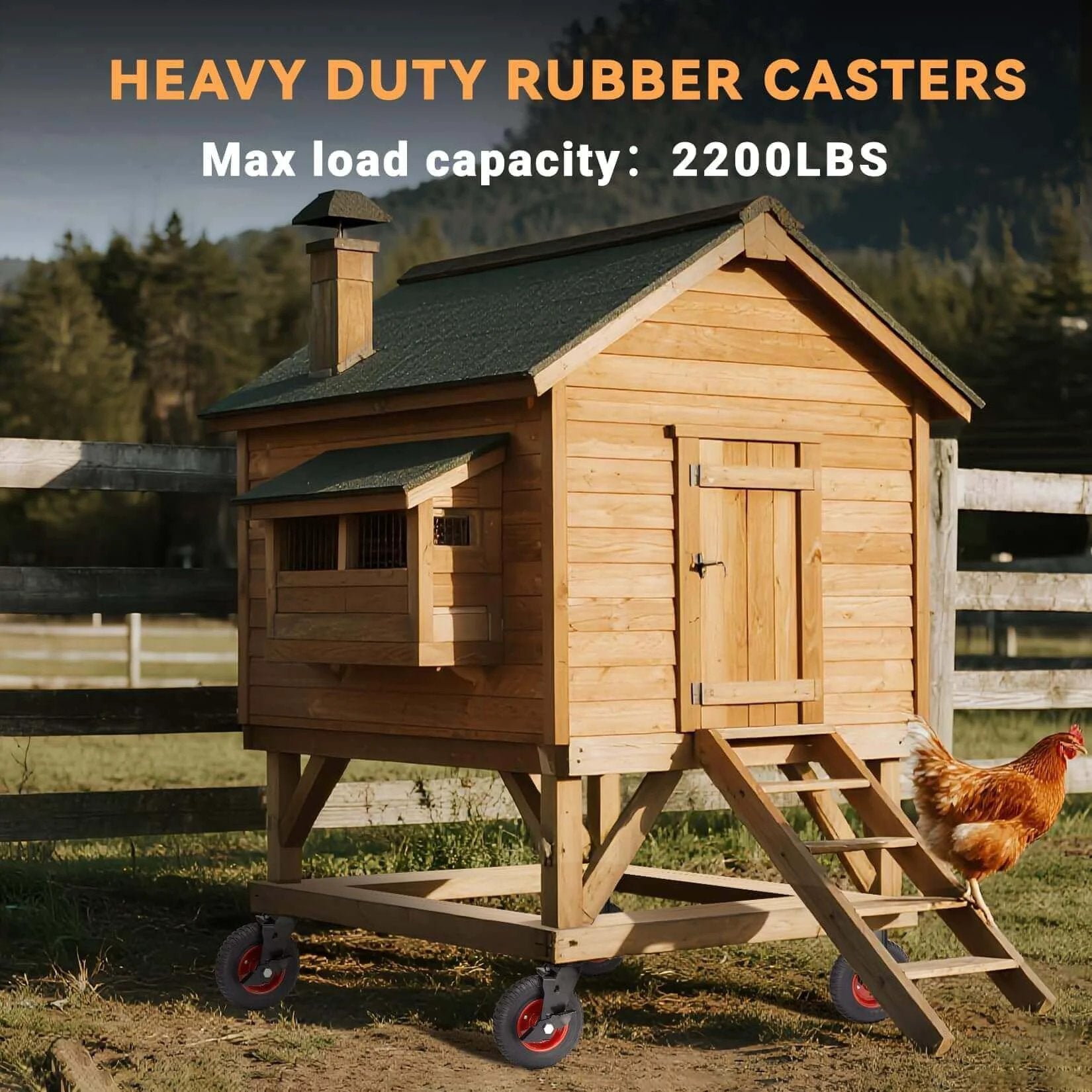 8 inch Heavy Duty Rubber Caster wheels set of 4 supporting a chicken coop on grass with a maximum load capacity of 2200 lbs.