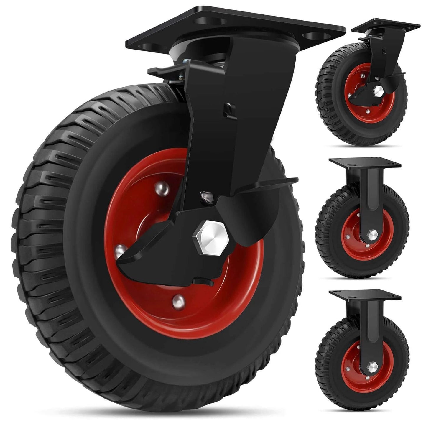 8 inch Heavy Duty Rubber Caster wheels set of 4, outdoor industrial swivel casters with brakes rated at 2200 lbs close-up view