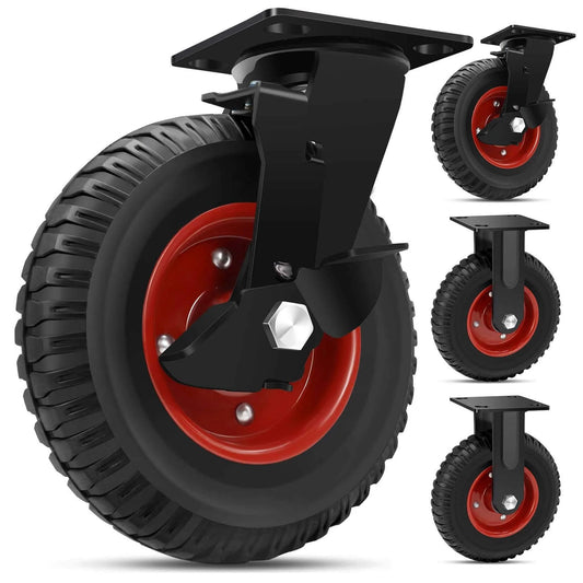 8 inch Heavy Duty Rubber Caster wheels set of 4, outdoor industrial swivel casters with brakes rated at 2200 lbs close-up view