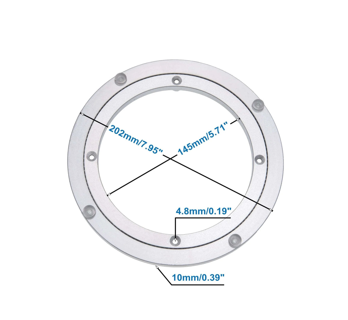 8 Inch Aluminum Heavy Duty Lazy Susan Rotating Turntable Bearing Swivel Plate with Non Slip Rubber Feet dimensions shown