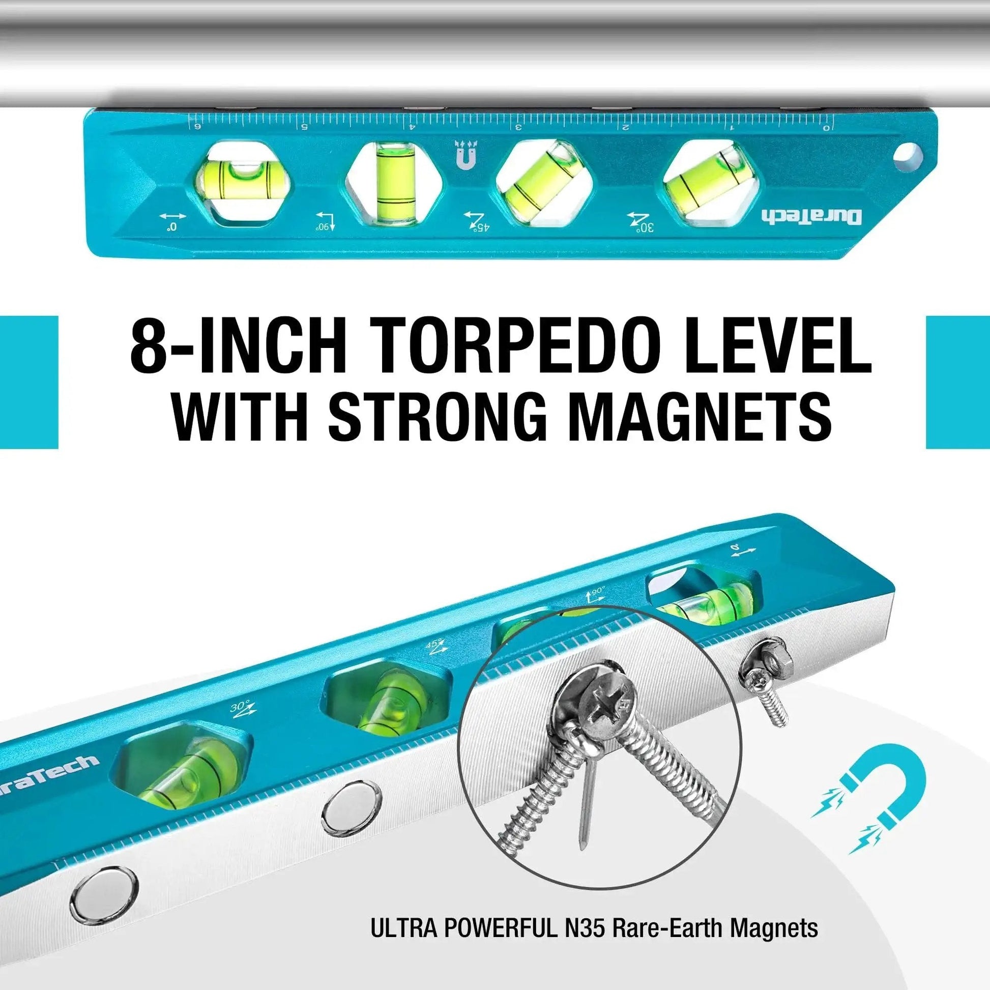 8-inch torpedo level with strong magnets, part of Three Piece Magnetic Level Tool Set With 2.5 Inch, 6.25 Inch And 8 Inch Levels