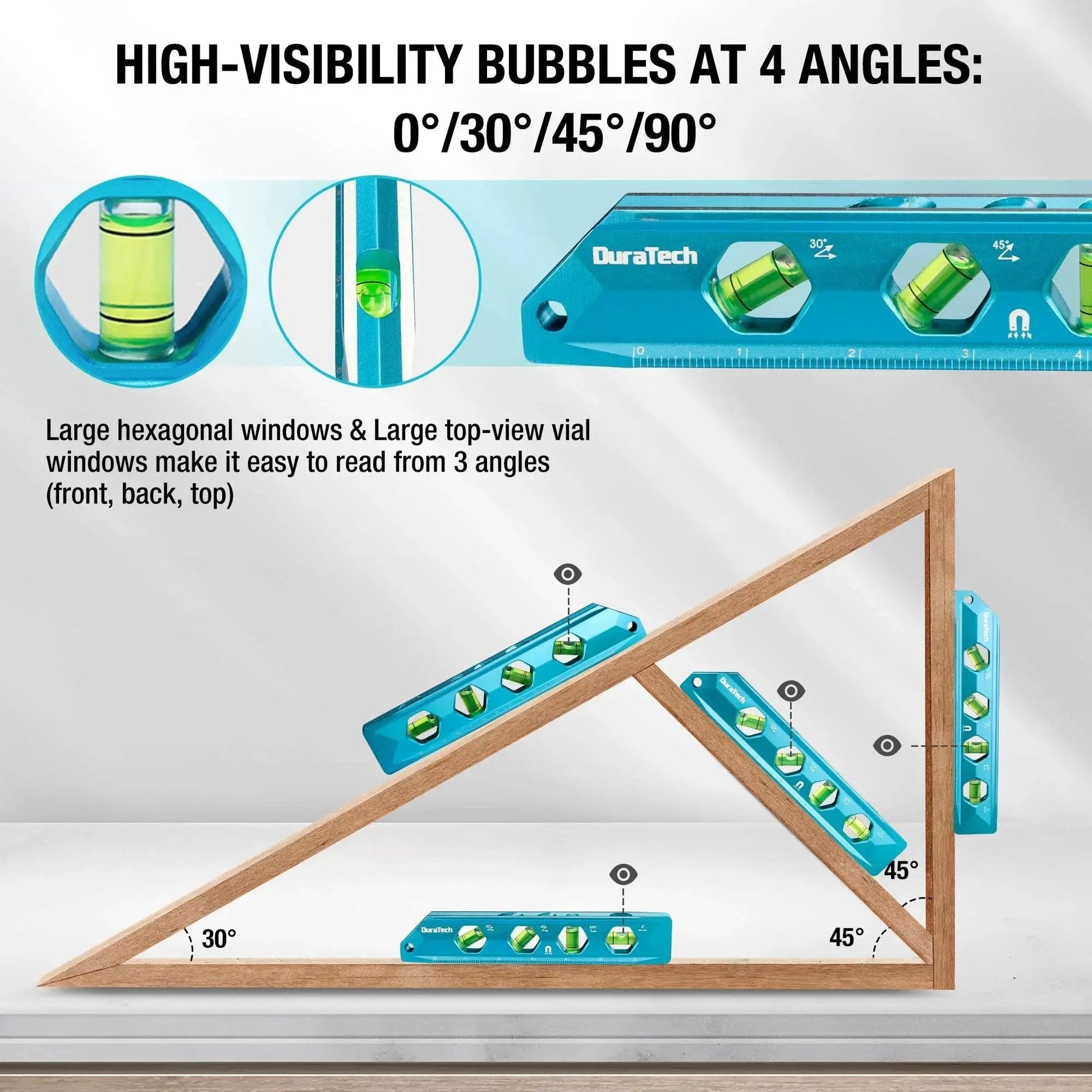 High Visibility 8 Inch Magnetic Torpedo Level With Four Bubbles 0 Degree 30 Degree 45 Degree And 90 Degree V Groove Aluminum Body