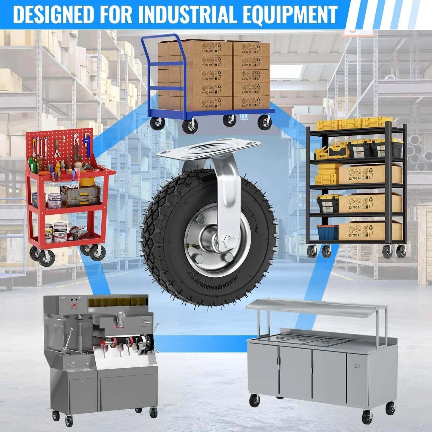 8 inch pneumatic caster wheels set of 4 with heavy duty rubber knobby tread, including 2 swivel casters and 2 rigid casters on carts.