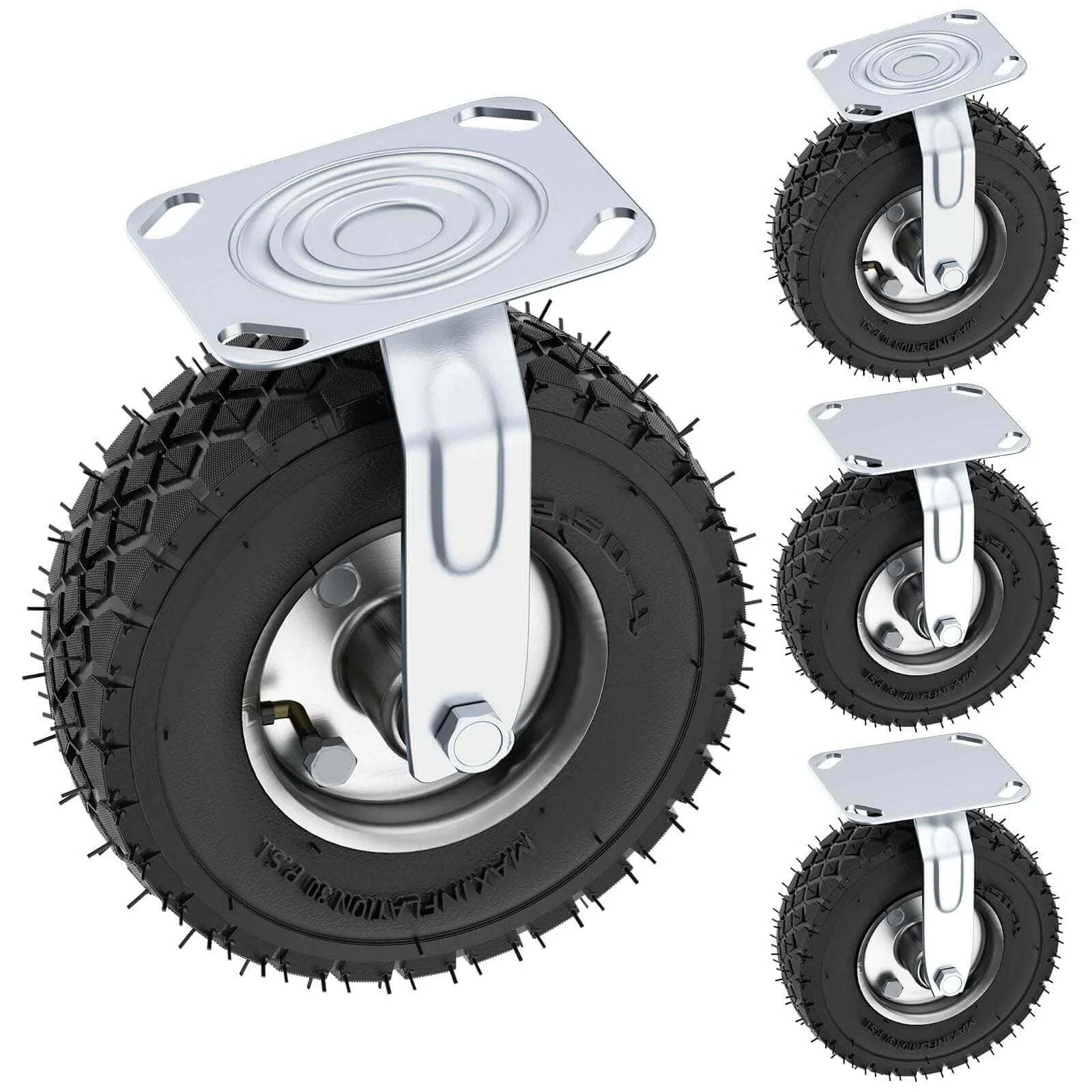 8 inch pneumatic caster wheels set of 4 with heavy duty rubber knobby tread, showing swivel and rigid casters.