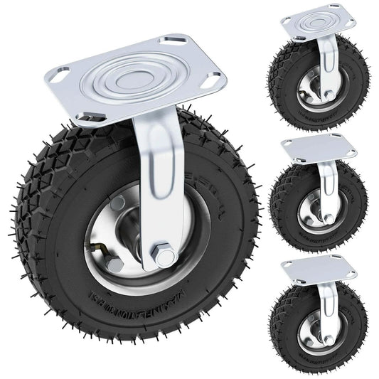 8 inch pneumatic caster wheels set of 4 with heavy duty rubber knobby tread, showing swivel and rigid casters.