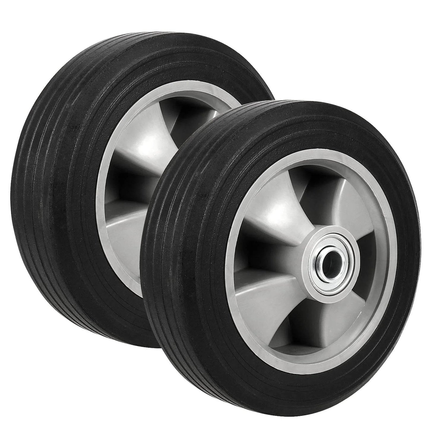 2 pack 8 inch solid rubber replacement wheels, flat free hand truck tires with 5/8" axle, side view of gray hub design.