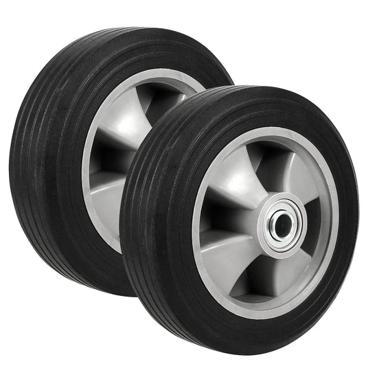 2 pack 8 inch solid rubber replacement wheels, flat free hand truck tires with 5/8" axle, side view of gray hub design.