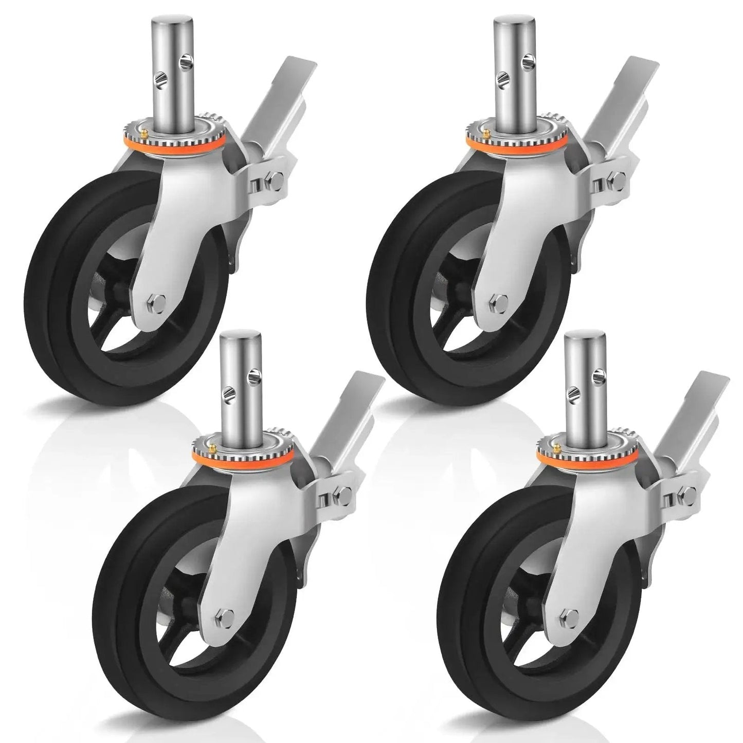 Set of four 8 Inch Wheel Scaffolding Caster With Round Stem One And Three Eighths Inch Dual Locking Brakes 1100 Pounds Capacity