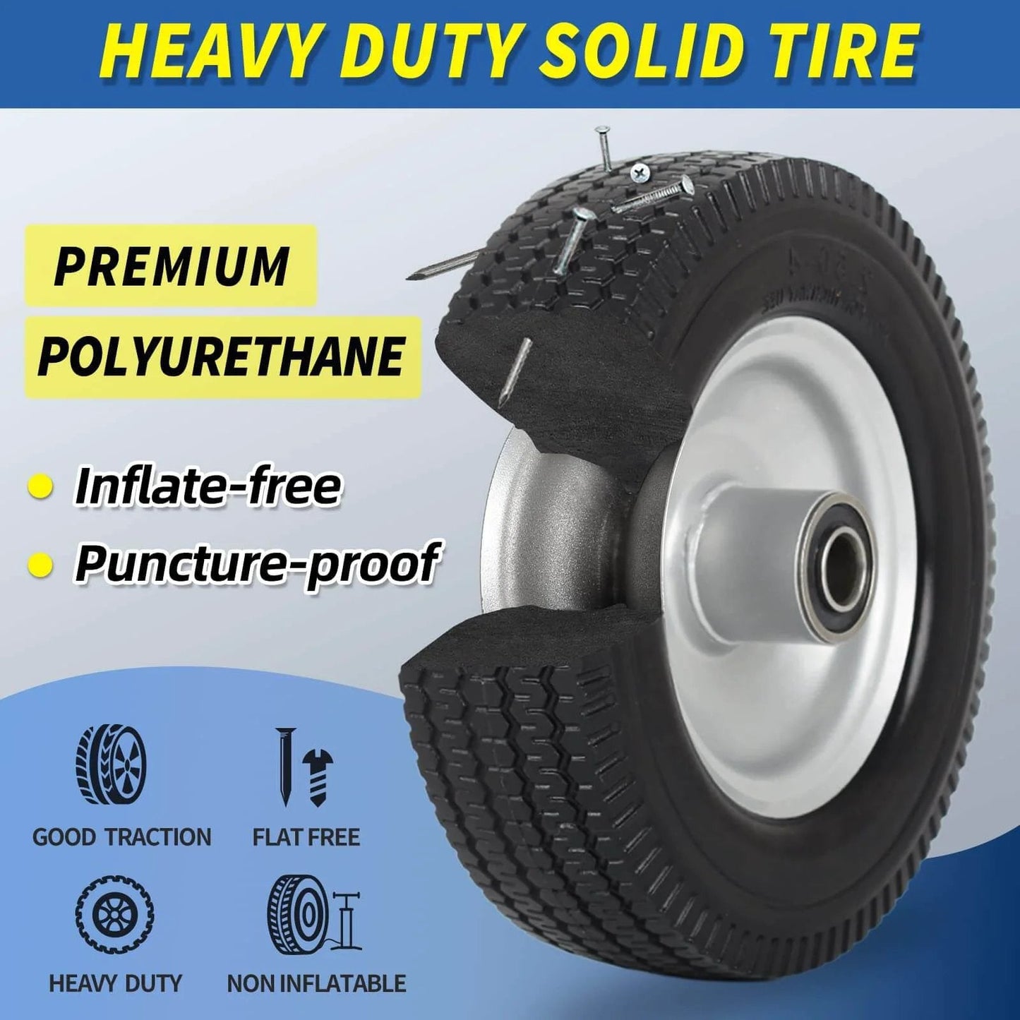 8-inch flat-free tire, 2.50-4 solid tire and wheel, 5/8" bearings, 2.2" offset hub, cutaway view, heavy-duty polyurethane tire