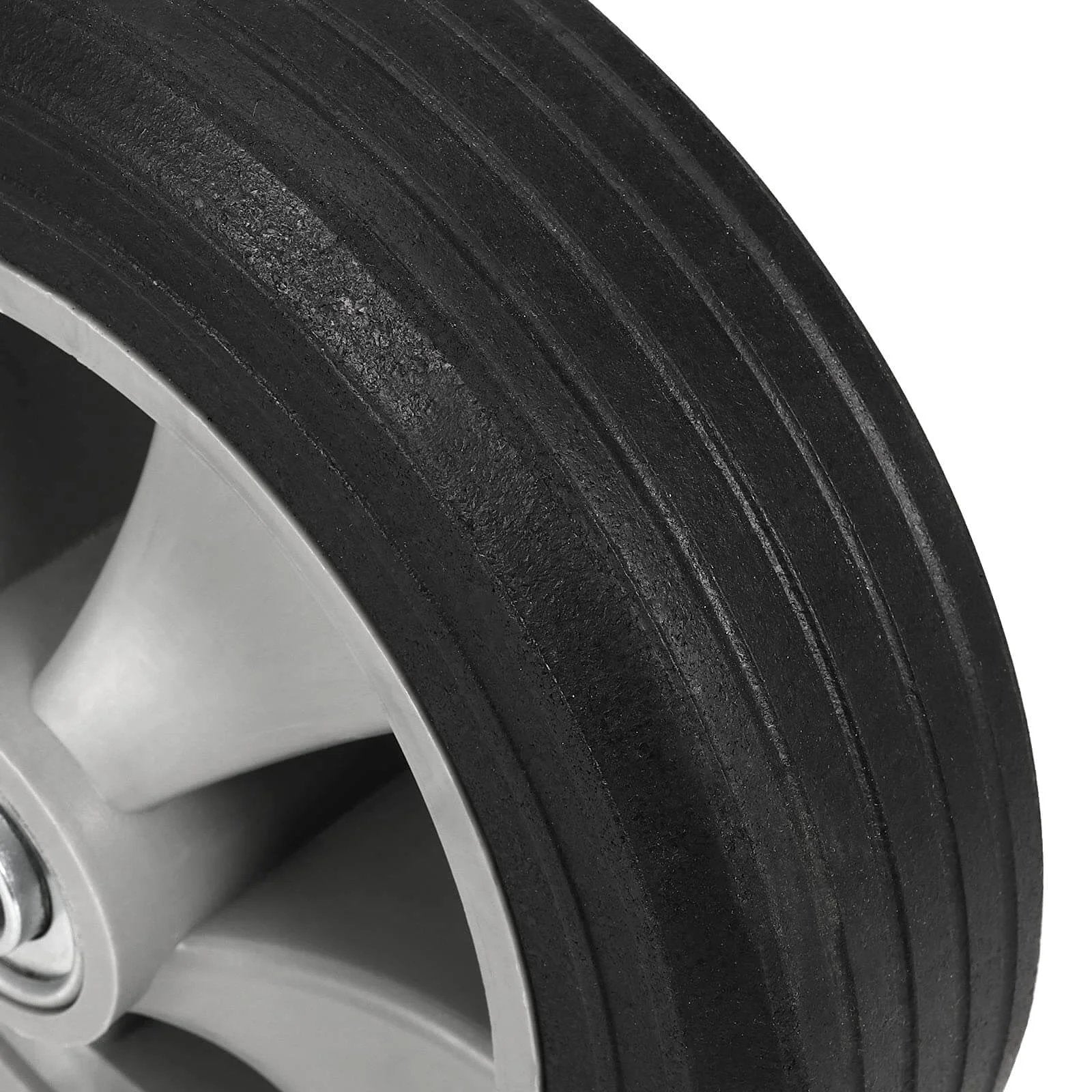 Close-up of 2 pack 8 inch solid rubber replacement wheels with plastic hub, ideal for hand truck and carts, flat free with 5/8" axle.