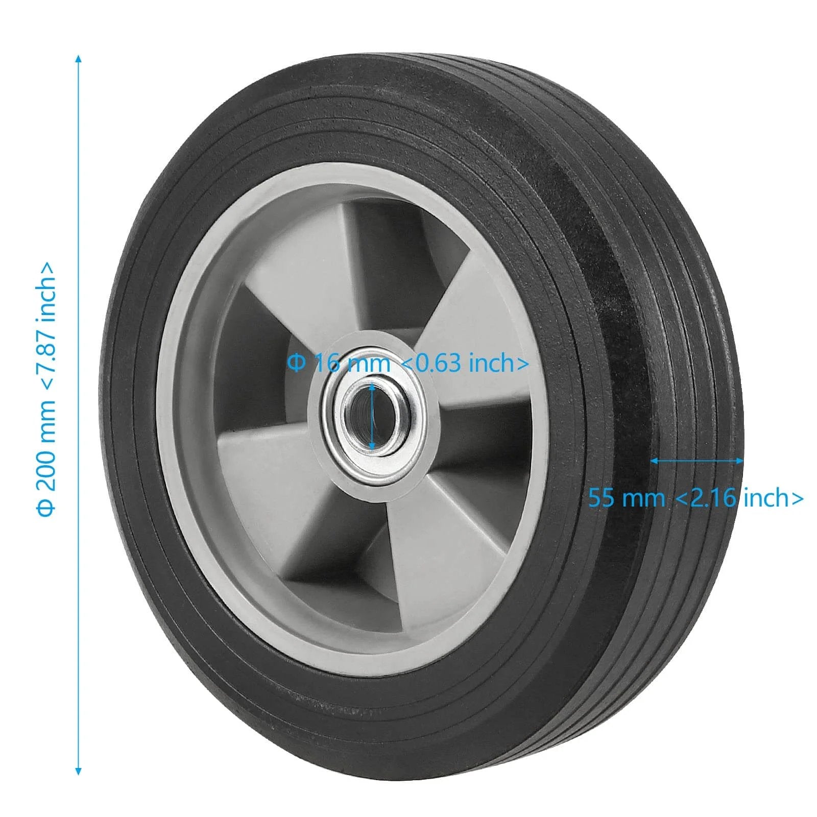 ✝️ 2 pack 8 inch solid rubber replacement wheels, flat free hand truck tires with 5/8" axle, close-up of one wheel showing dimensions.