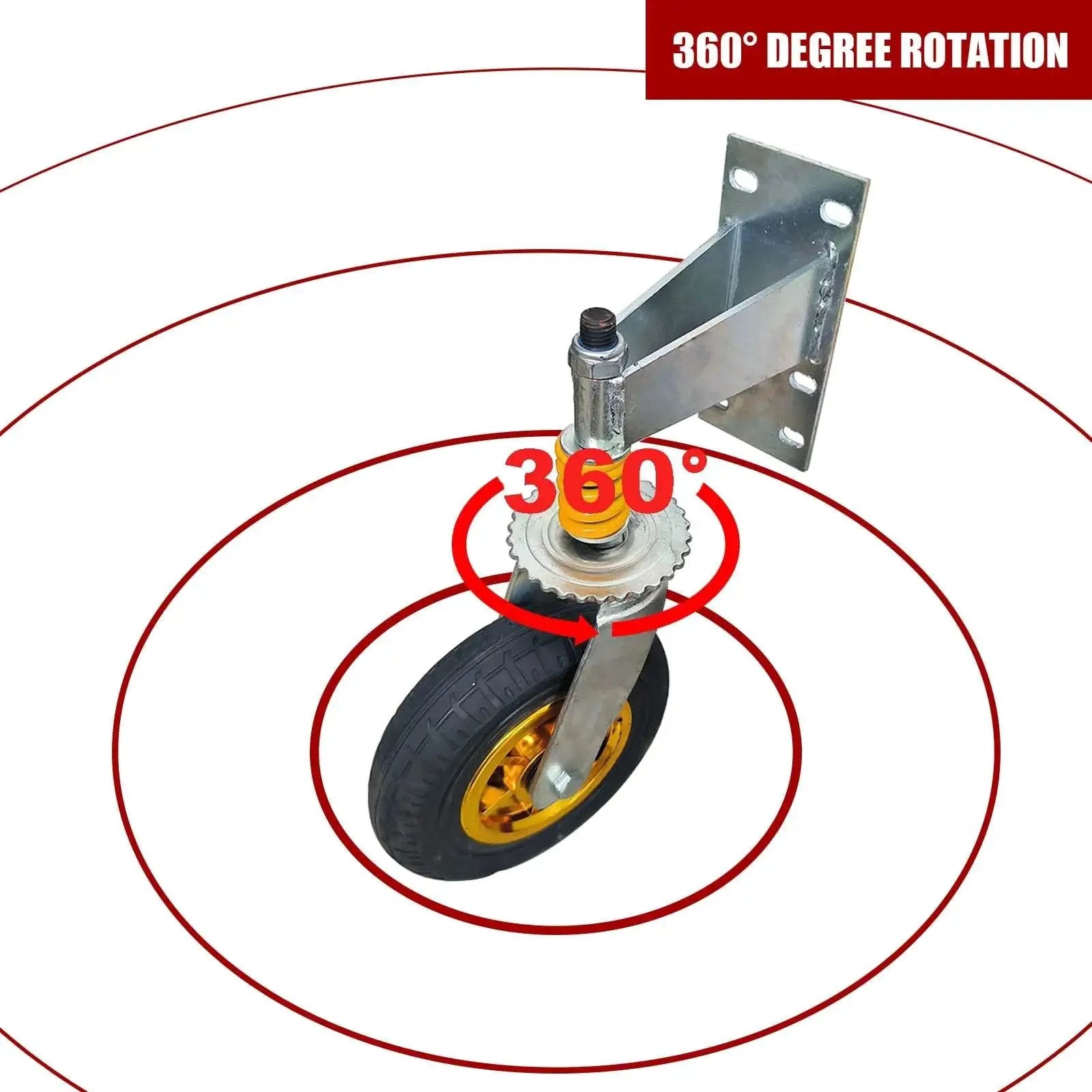 8 Inch Gate Caster Wheels for Metal Swing Gates and Wooden Fences, 360 Degree Swivel, Spring Loaded, heavy duty cap shown from above