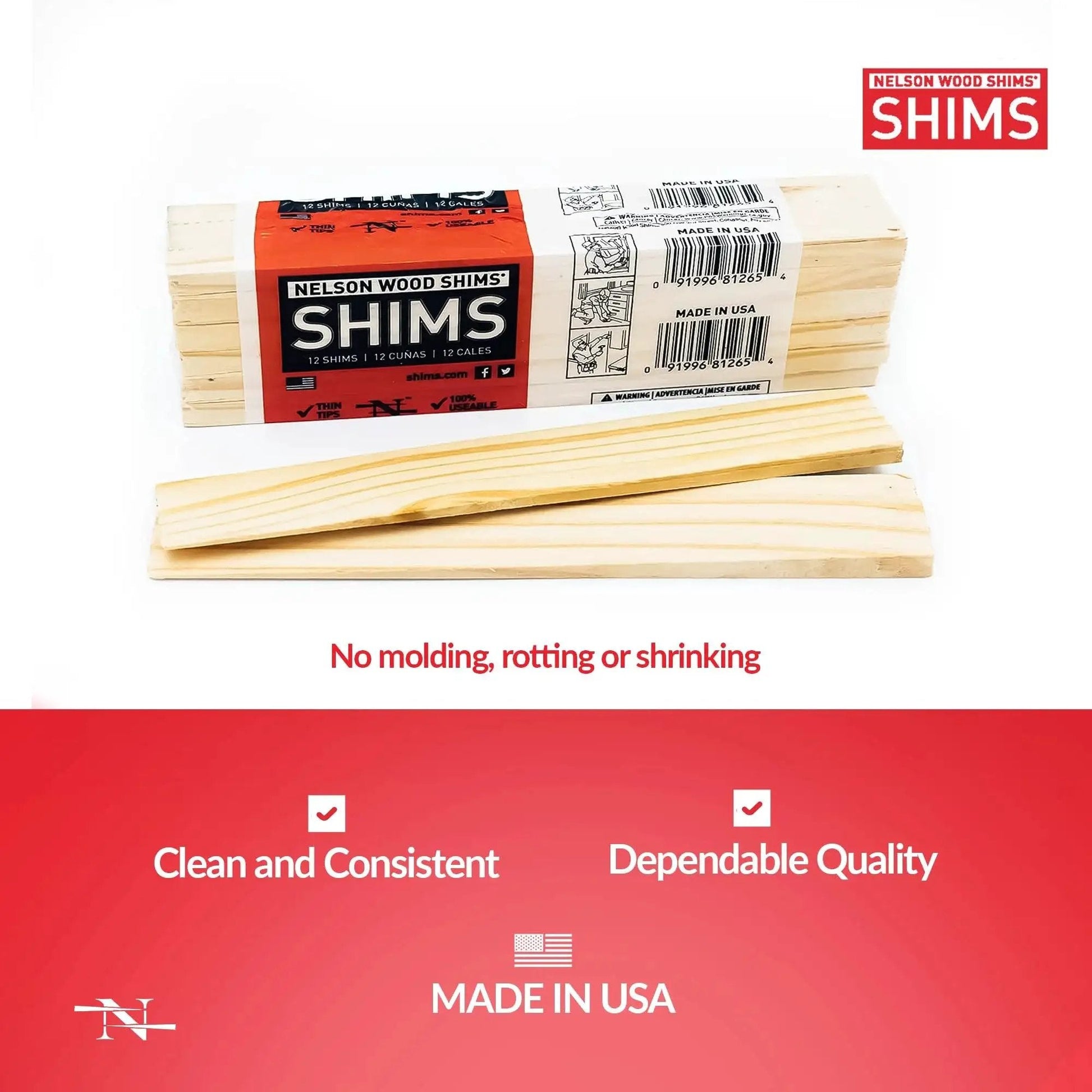 Versatile 8 Inch Wood Shims Set For DIY Projects And Home Improvement By Nelson, 24 Pack showcased with packaging