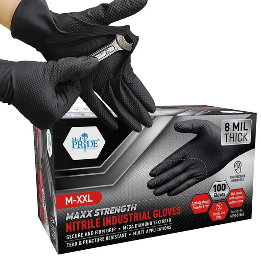 8 Mil Powder Free Nitrile Diamond Textured Gloves Heavy Duty XL 100 Pack showing gloves in use with wrench