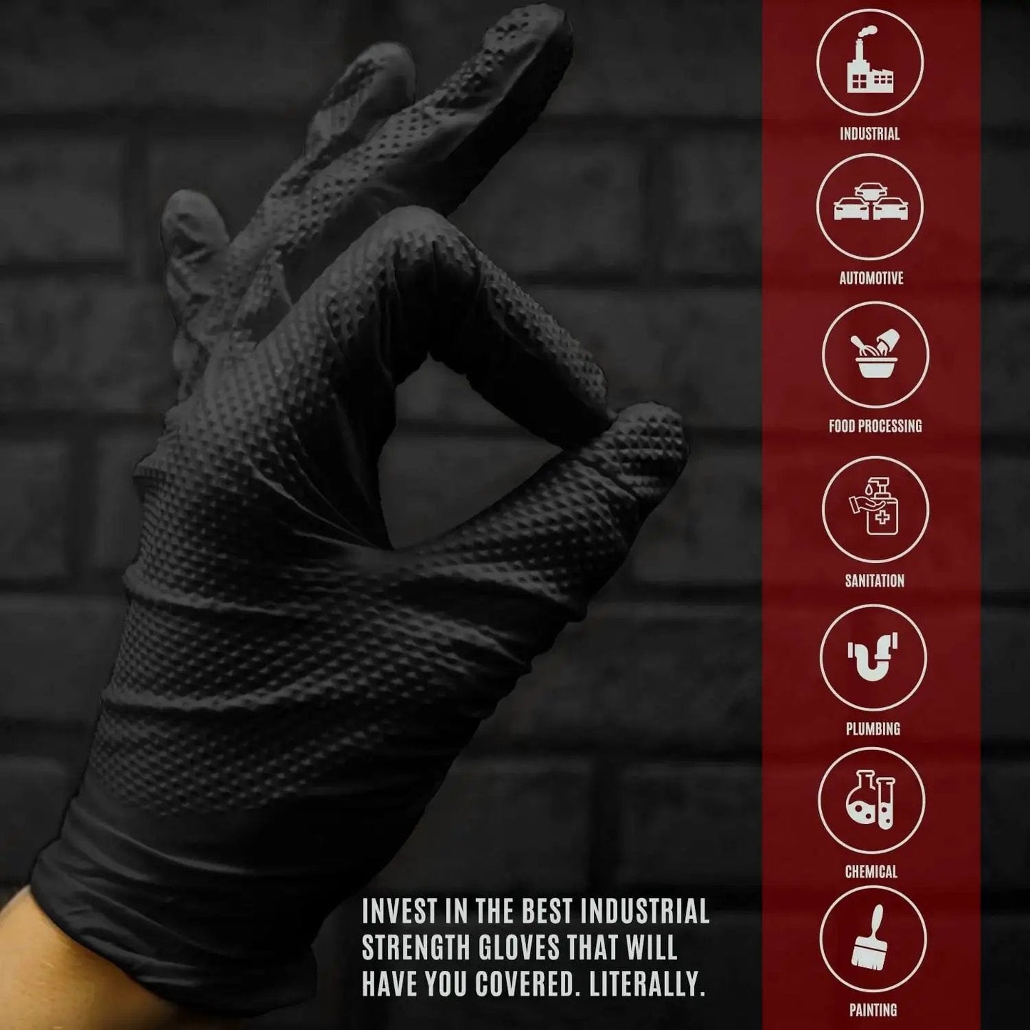 Hand wearing 8 Mil Powder Free Nitrile Diamond Textured Gloves Heavy Duty XL showing grip texture against industrial icons backdrop.