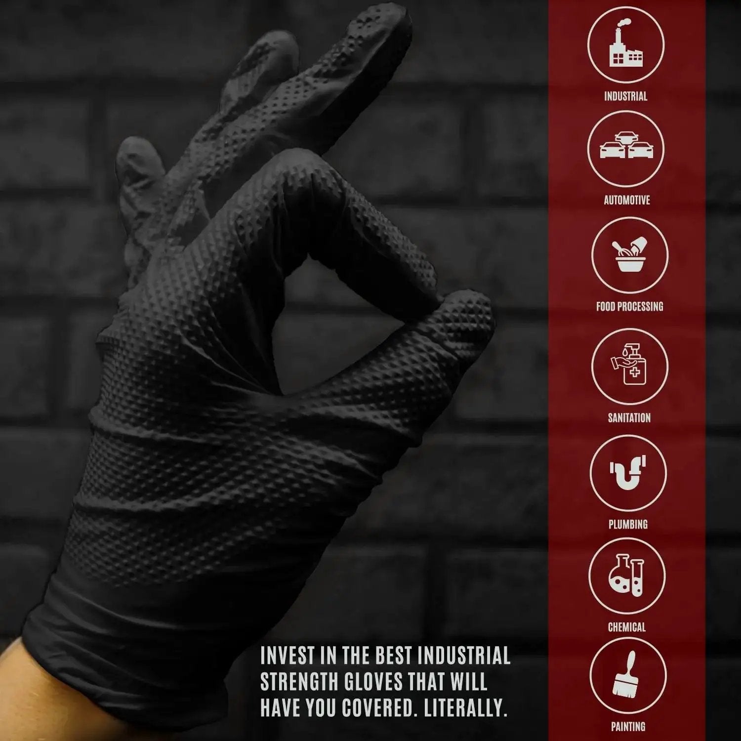 Hand wearing 8 Mil Powder Free Nitrile Diamond Textured Gloves Heavy Duty XL showing grip texture against industrial icons backdrop.