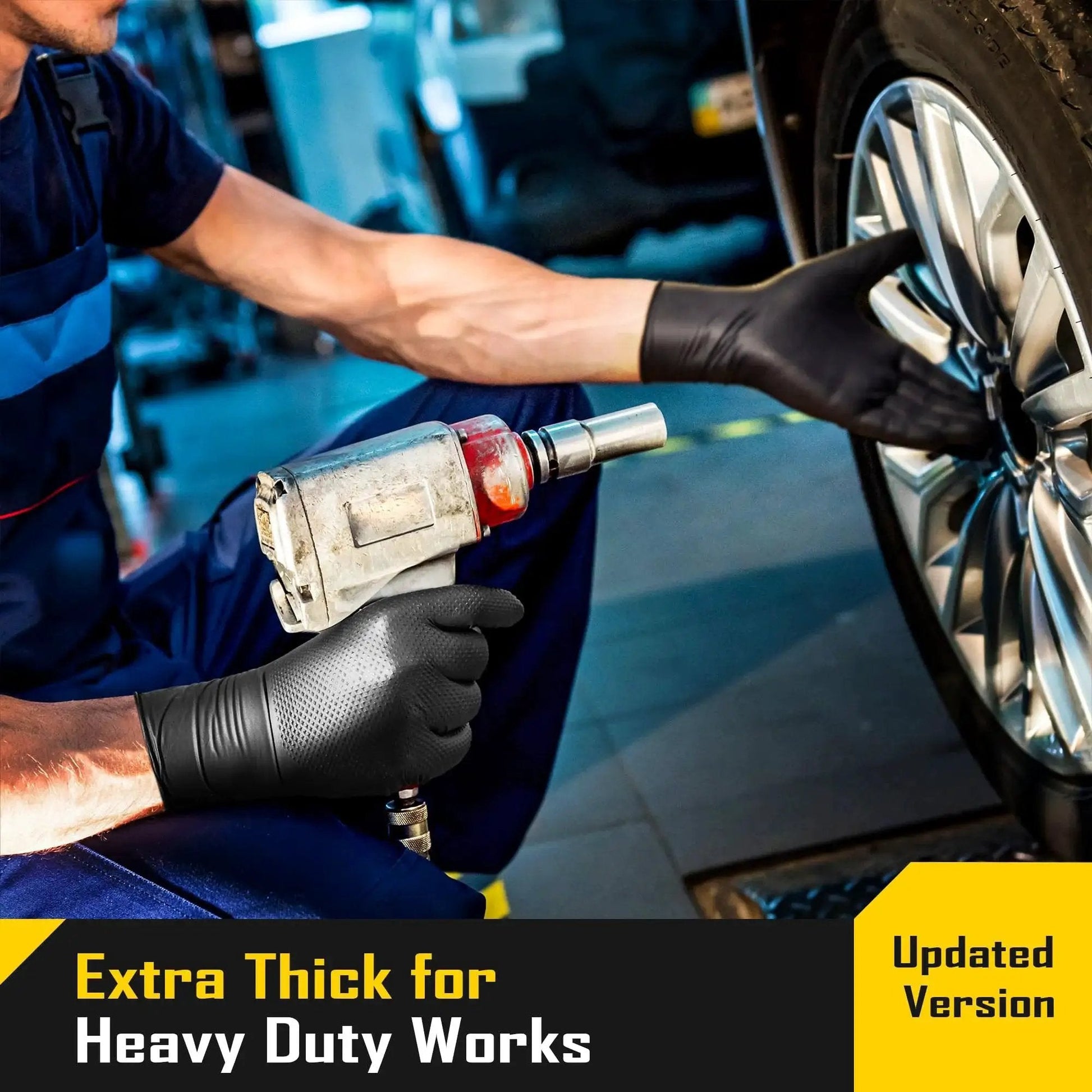 Mechanic wearing 8 Mil Disposable Nitrile Gloves With Diamond Textured Grip 100 Count while fixing car wheel