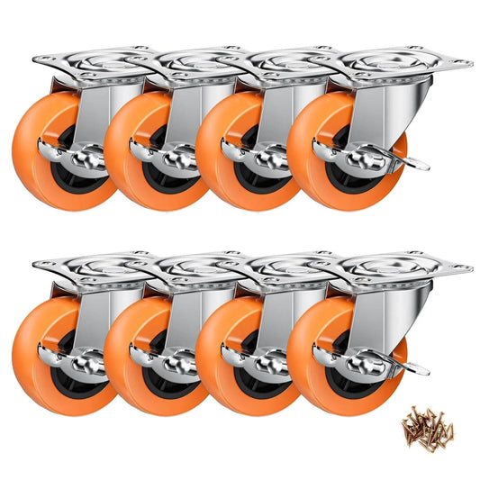 2 Inch Casters With Side Brake Set Of 8 Orange Polyurethane Swivel Plate Wheels For Workbenches And Carts