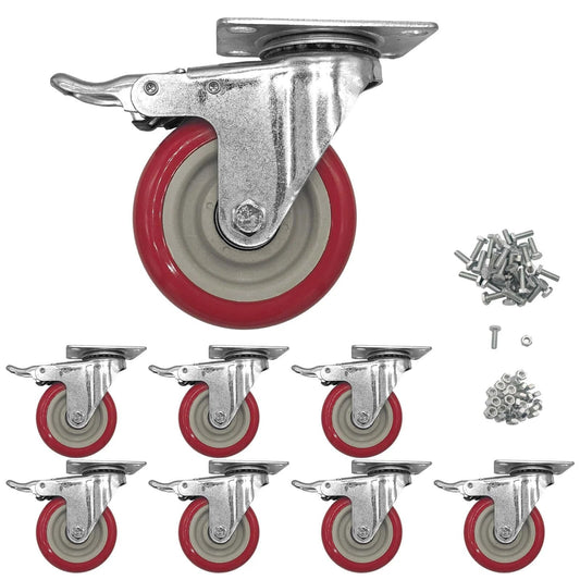 8 piece 4 inch heavy duty locking swivel casters with brakes, set designed for carts and workbenches with a 2200 lb load capacity, close-up view.