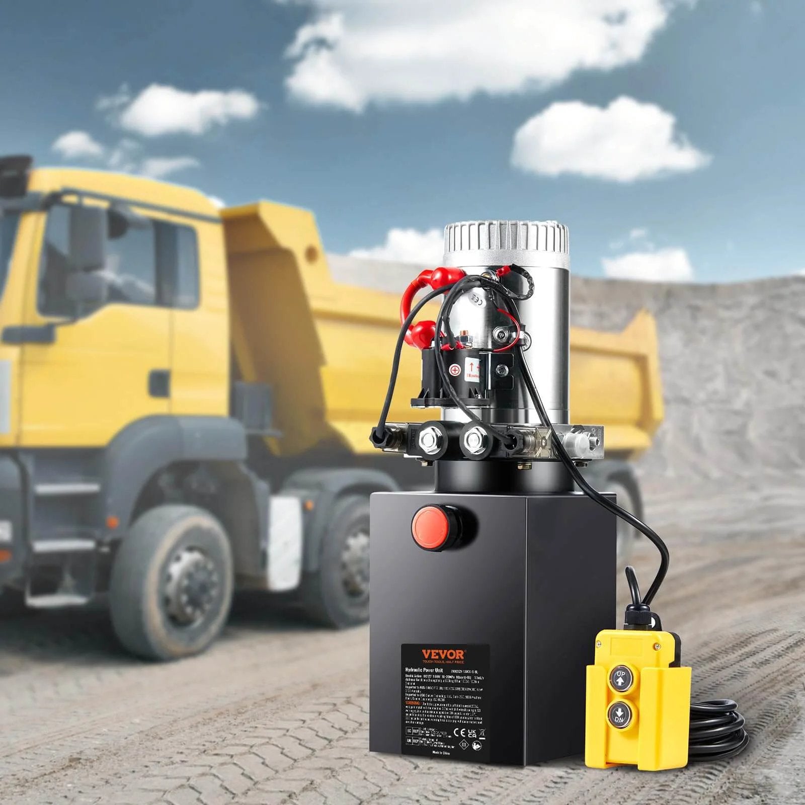 8 Quart Hydraulic Power Unit, Double Acting Dump Trailer Pump, 0.91 GPM Flow Rate, 3200 PSI Max, DC 12V with dump truck in background