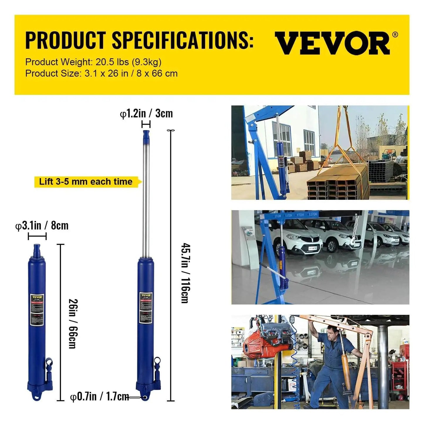 Beefy 8 Ton Hydraulic Long Ram Jack With Single Piston Pump And Clevis Base for garage cranes, blue color, in use