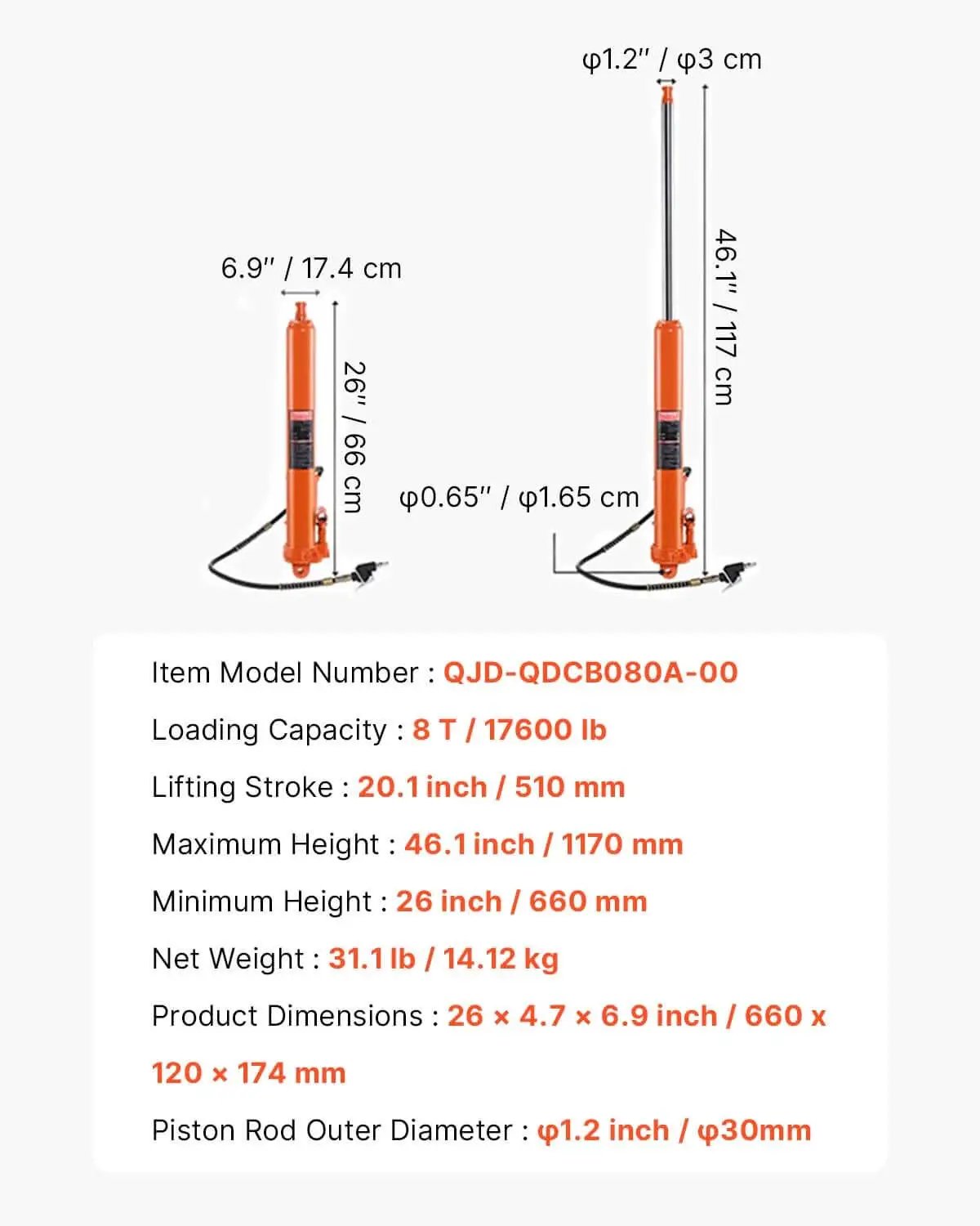 Heavy Duty 8 Ton Hydraulic Long Ram Jack For Engine Hoists With Air Pump And Clevis Base Cylinder VEVOR Engine Lift Cylinder dimensions