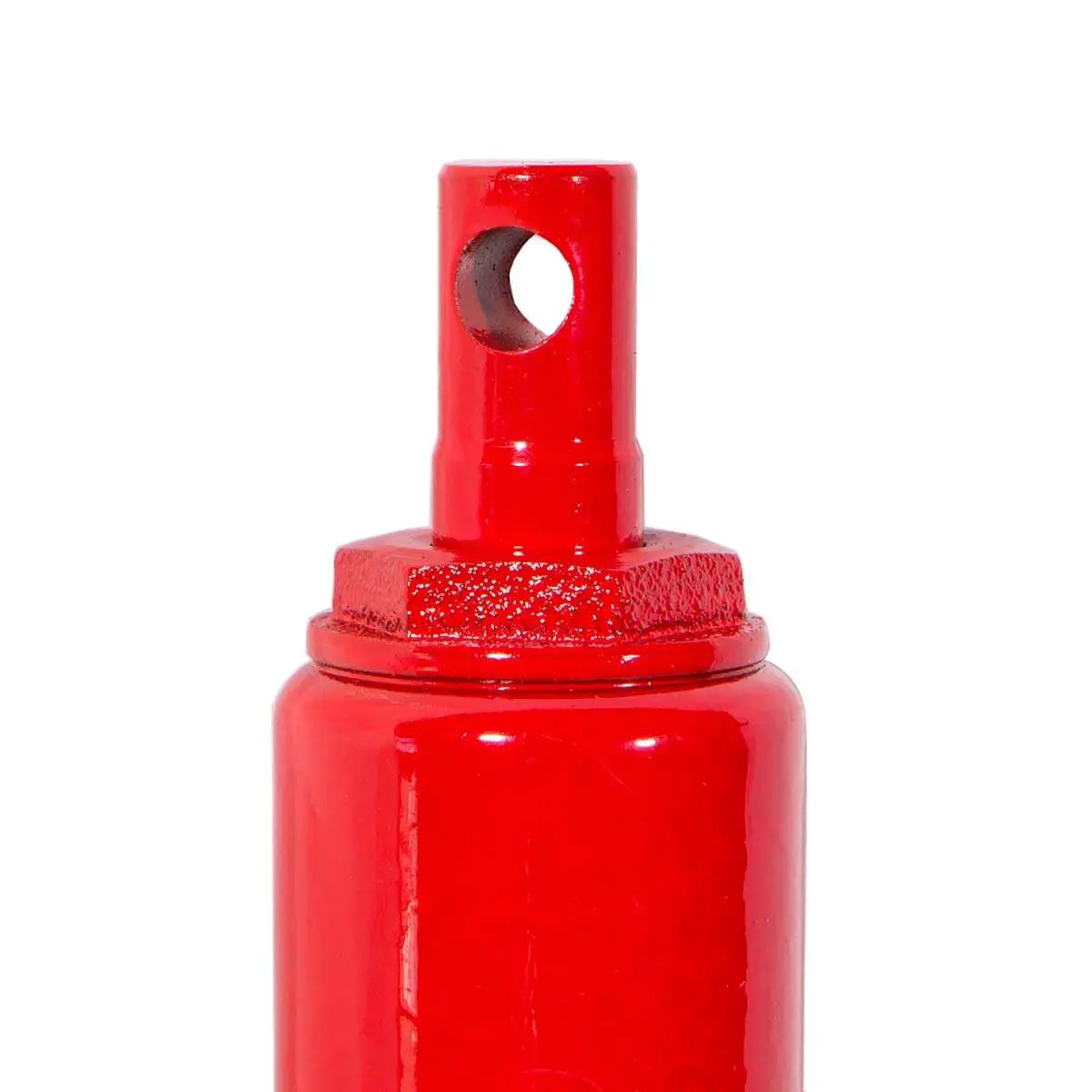 Close-up of BeefedUp 8 Ton Hydraulic Ram Engine Lift Hoist top clevis base with long ram, cherry picker style for shop cranes.