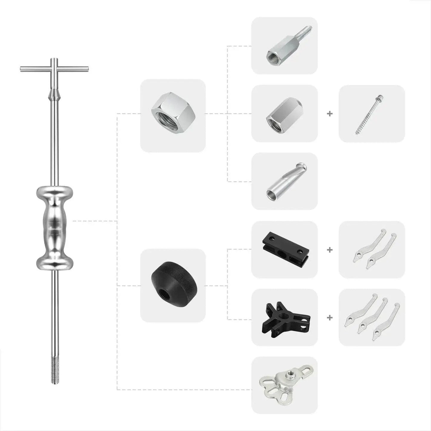 8-Way Slide Hammer Dent Puller Set with 5 lb Hammer Auto Body Repair Kit for front wheel drive hubs and rear axle shafts includes case