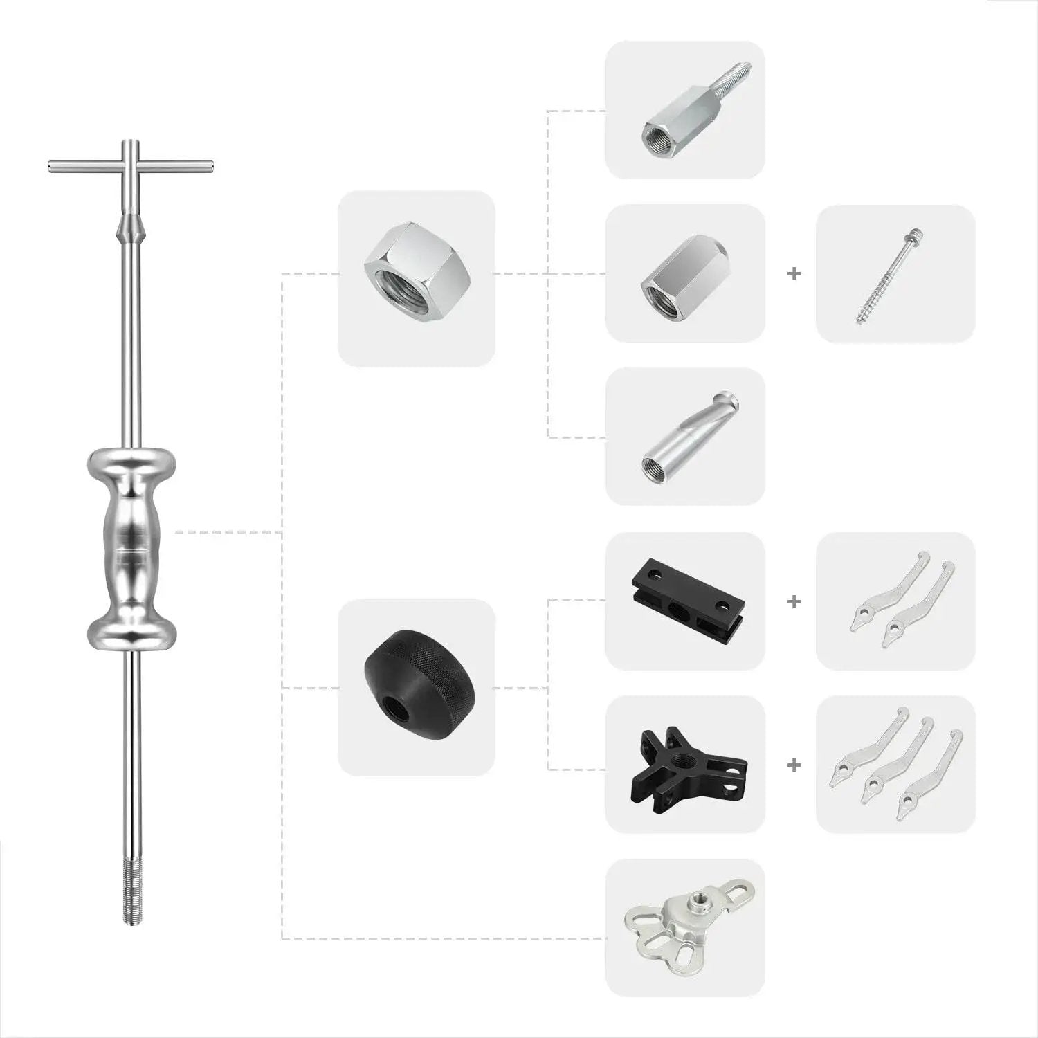 8-Way Slide Hammer Dent Puller Set with 5 lb Hammer Auto Body Repair Kit for front wheel drive hubs and rear axle shafts includes case