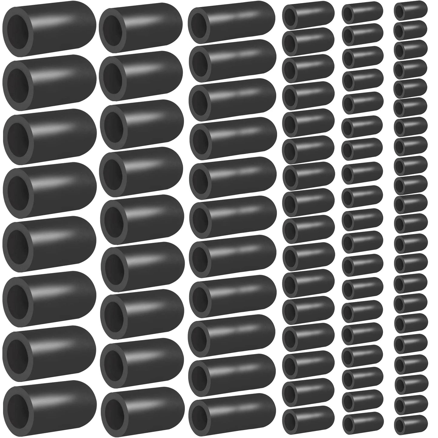 80 Piece Pro Grade Vacuum Hose Cap Set showing six sizes of black rubber caps for automotive vacuum lines and intake manifolds.
