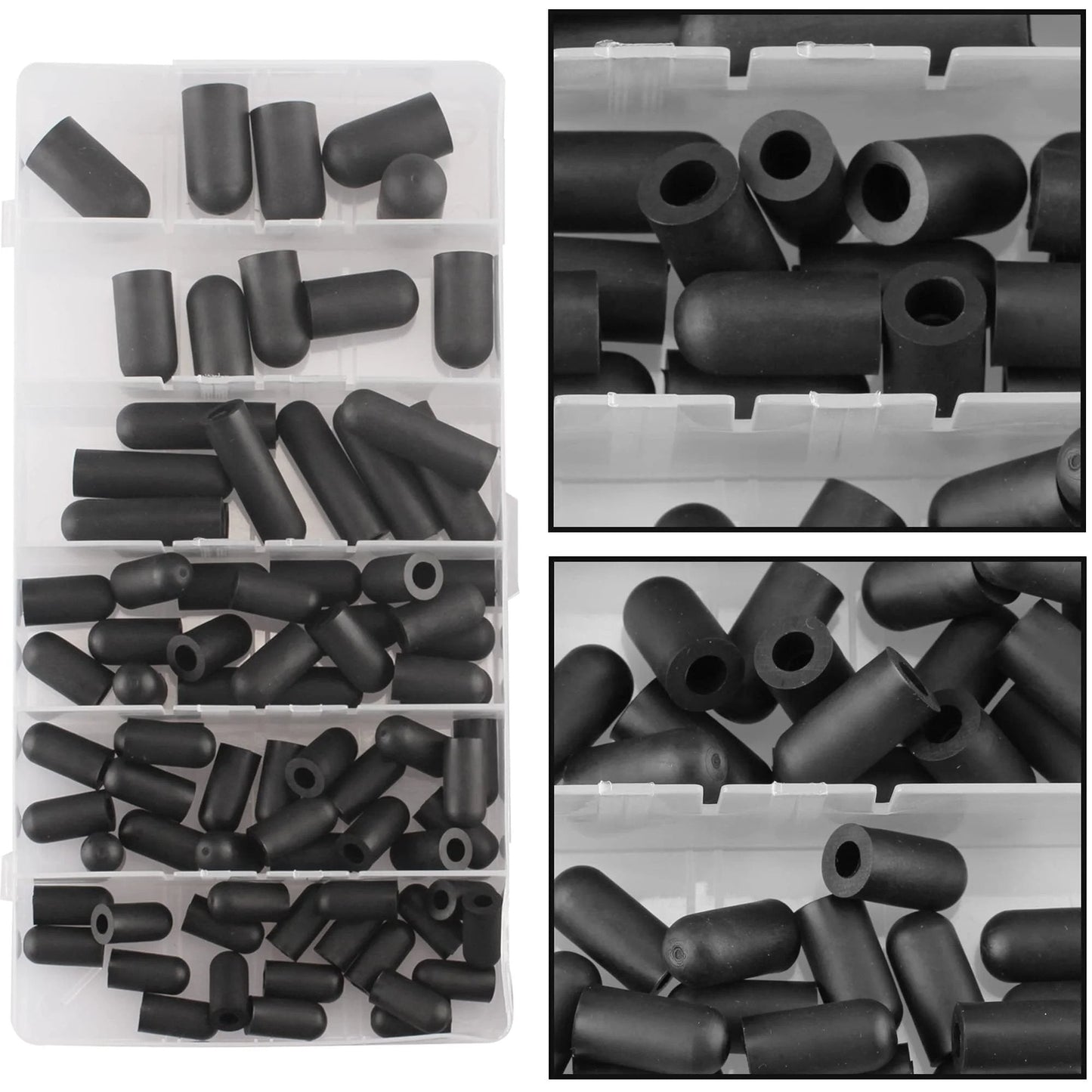 80 Piece Pro Grade Vacuum Hose Cap Set, Six Sizes, Black Rubber Caps, arranged in a storage box for automotive use.