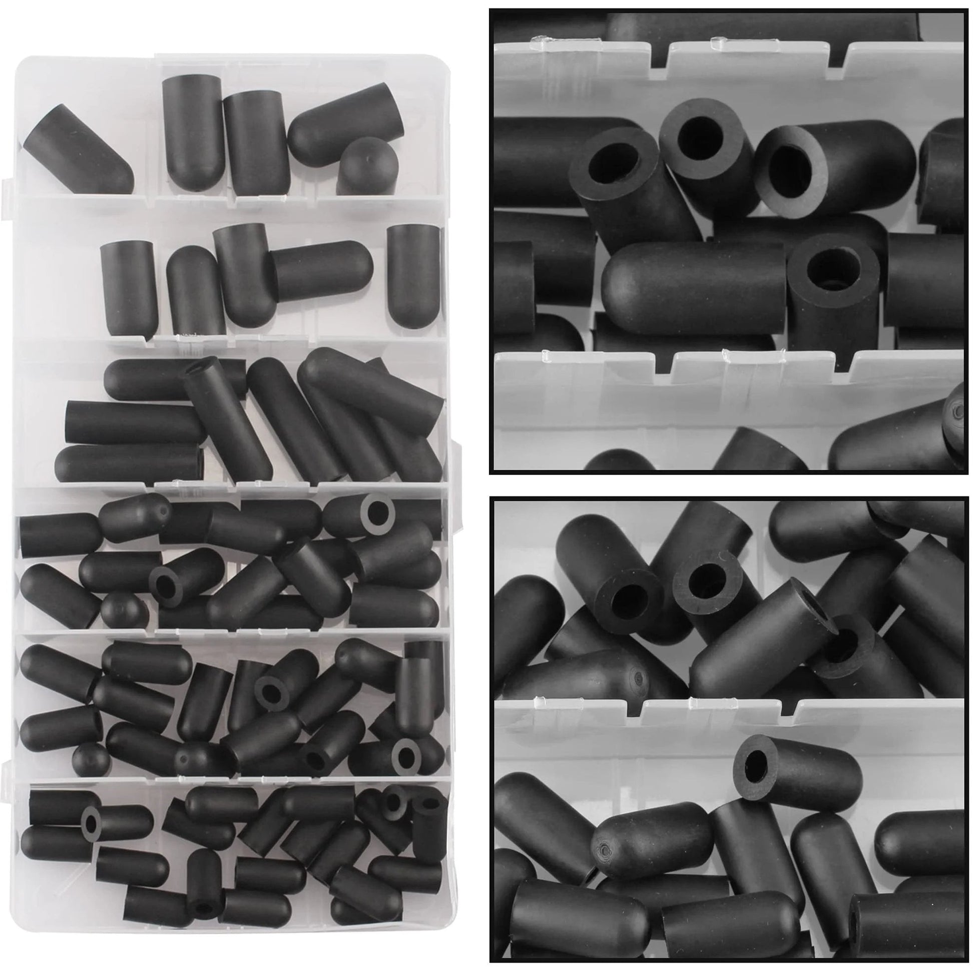 80 Piece Pro Grade Vacuum Hose Cap Set, Six Sizes, Black Rubber Caps, arranged in a storage box for automotive use.