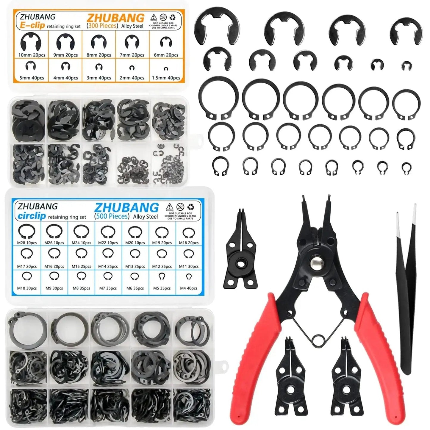 All In One C Clip And E Clip Retaining Ring Kit With 800 Pieces External Circlip Assortment M4 To M28 And One Point Five To Ten Mm Sizes
